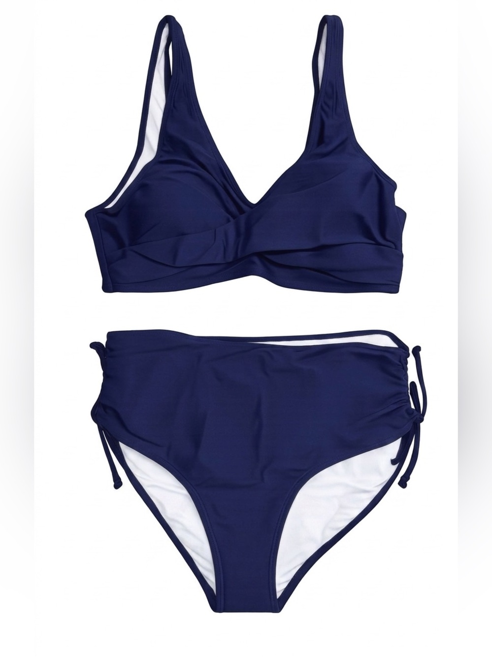 High-Waist Navy Blue Bikini Set - V-Neck Cross Front Top - Picture 5 of 6